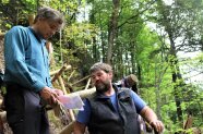 Zwei Männer stehen an einem Hang im Bergwald und schauen auf einen Plan.