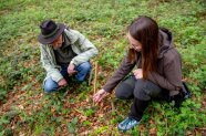 Eine Försterin und ein Waldbesitzer betrachten eine kleine Tanne