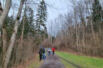 Menschen spazieren auf einem Weg entlang eines Waldes