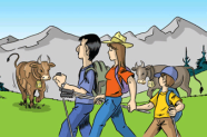Illustration: Familie läuft ruhig an Weide vorbei